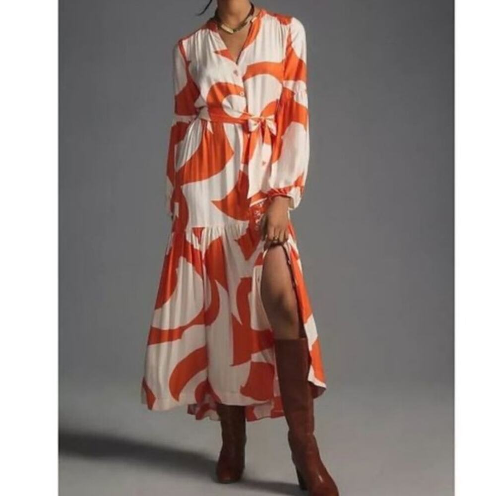 Anthropologie Tiered Buttondown Maxi Belted Dress Orange & White Abstract XXS - Picture 2 of 11